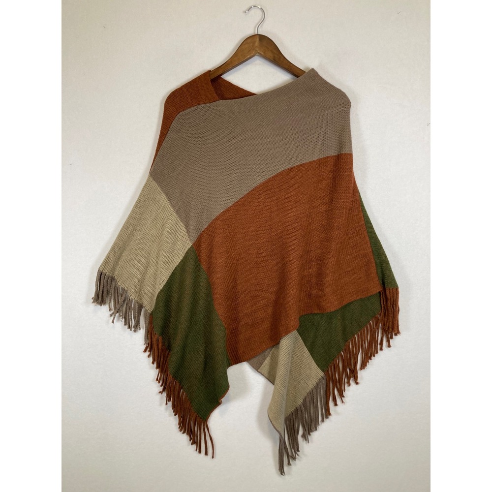 Boho Earth Tone Layering Womens One Size Multi Colorblock Fringe Knit Poncho‎